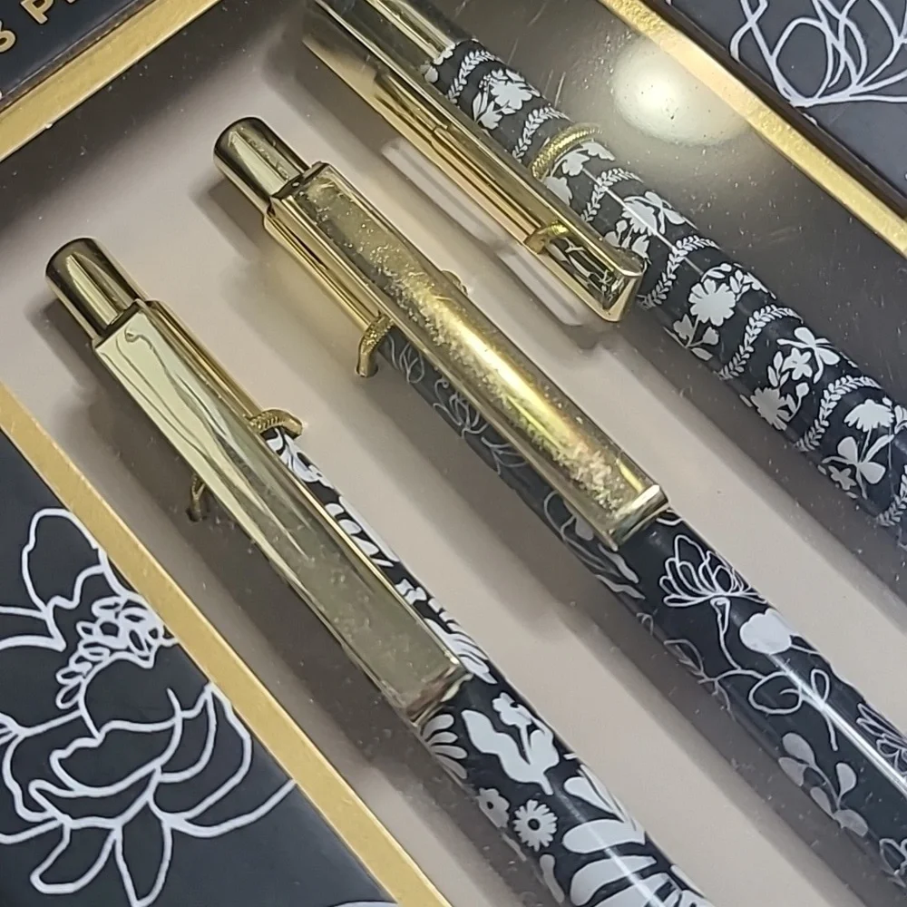 Clementine Black Floral 3-Piece Pen Set with Gold Accents